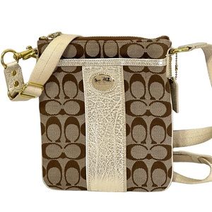 Coach Signature Jacquard Swingpack Crossbody Metallic Gold Leather Trim Bag